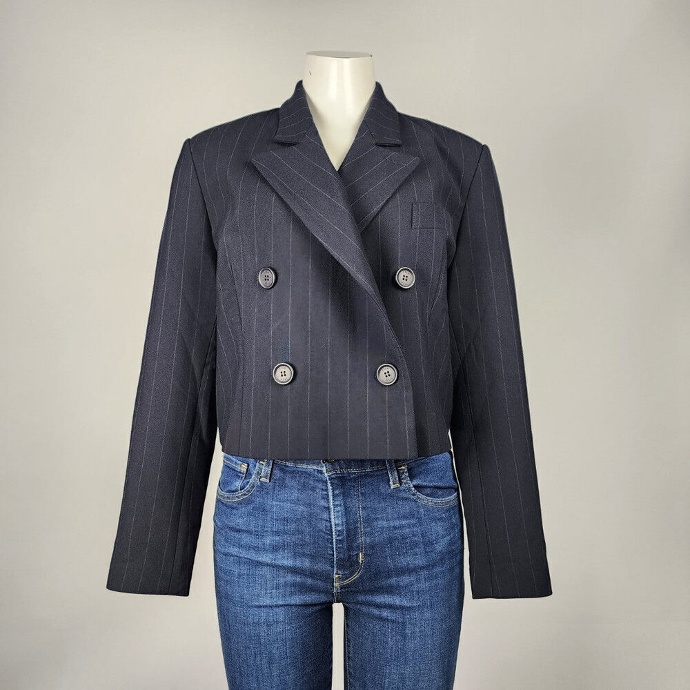 Ilja Navy Blue Pin Striped Double Breasted Cropped Blazer Size M
